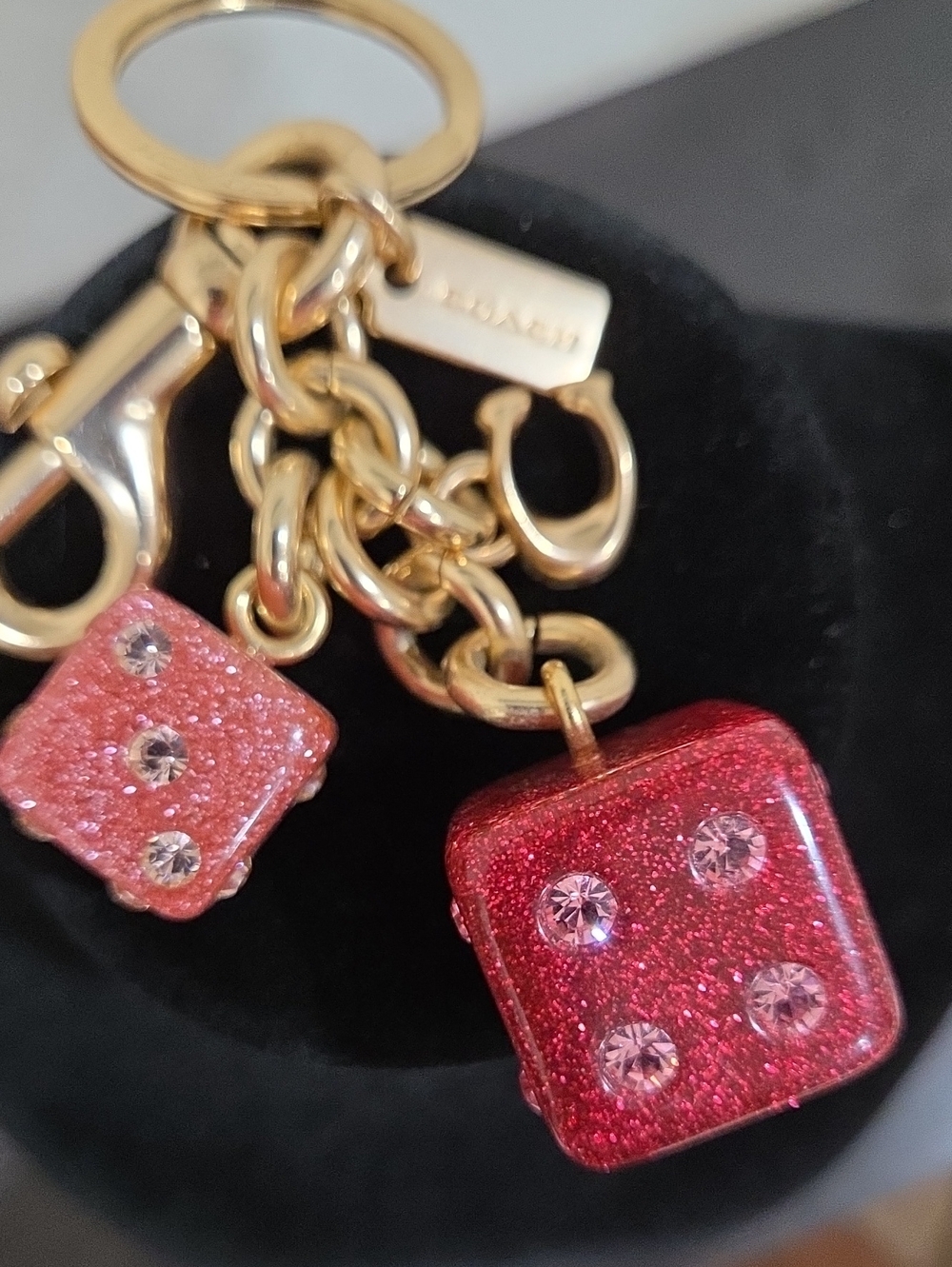Coach Gold-Tone Key & Card Holder Charm with Pink and Red Glitter Dice